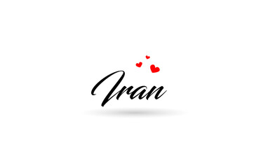 Iran name country word with three red love heart. Creative typography logo icon design