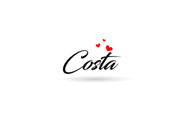 Costa name country word with three red love heart. Creative typography logo icon design