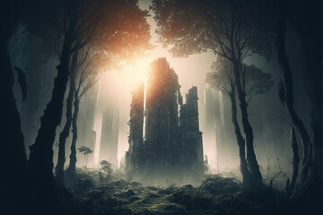 Post apocalypse city street overlooking tall destroyed buildings and surrounded by forest. Light flair.