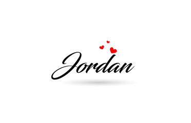 Jordan name country word with three red love heart. Creative typography logo icon design