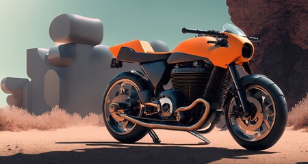 Fototapeta premium a modern concept motorbike parked in a desert with rocks and desert vegetation