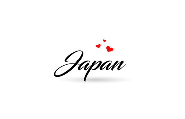 Japan name country word with three red love heart. Creative typography logo icon design