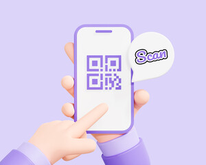 3D QR code on mobile phone screen. Hand holding smartphone with scan. Scanner app for payment. Identification concept. Cartoon creative design icon isolated on purple background. 3D Rendering