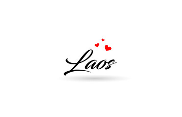 Laos name country word with three red love heart. Creative typography logo icon design