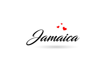 Jamaica name country word with three red love heart. Creative typography logo icon design
