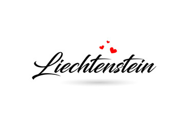 Fototapeta na wymiar Liechtenstein name country word with three red love heart. Creative typography logo icon design