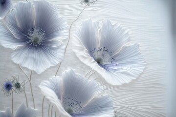  a painting of white flowers on a white background with blue centers and petals in the center of the painting, with blue center and white background with a blue center flower in middle. Generative AI