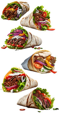 Set delicious doner donair kebabs wrap with meat, lettuce, tomato, red onion and sauce on transparent background
