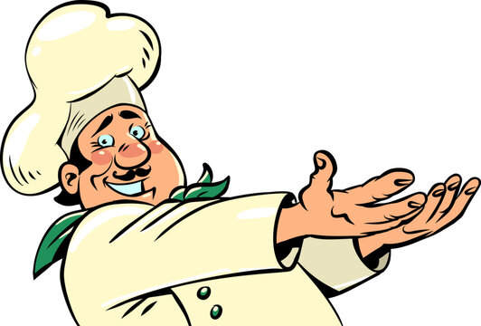 joyful chef man in white uniform, cooking profession, business