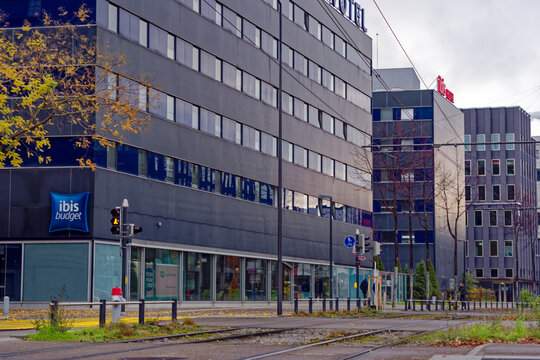 Tram station named Technopark with Ibis Hotel in the background at City of Z&uuml;rich on a cloudy autumn noon. Photo taken November 30th, 2022, Zurich, Switzerland.