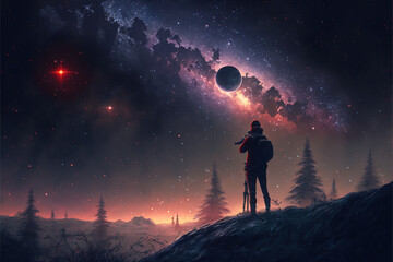he astronomer observing starry night - Generative AI - obrazy, fototapety, plakaty