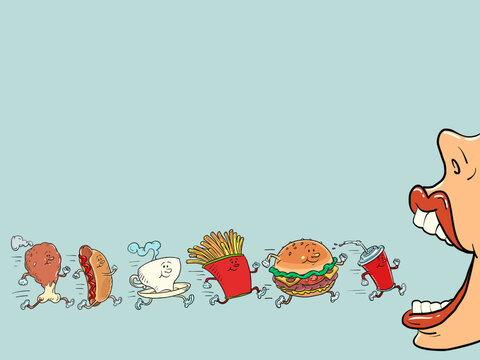 Fast food products characters go to mouth. Street restaurant. Burger fries drink cola chicken leg hot dog coffee cup