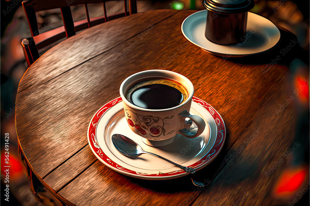 Poster a cup of coffee on a saucer on a table - generative ai