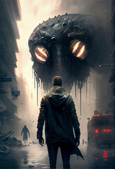 Man in a city facing a huge alien