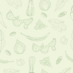 Seamless vector pattern of green line hand drawn Thai spices on light green background