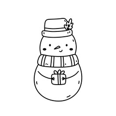 Cute snowman with gift isolated on white background. Vector hand-drawn illustration in doodle style. Kawaii character. Perfect for cards, decorations, logo and Christmas designs.