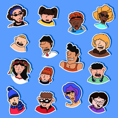 Collection of various hand drawn doodle stickers with people - children, teens, adults, seniors. Labels with cartoon characters with different emotions. Set of badges, patches with human portraits