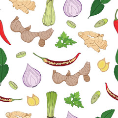 Seamless vector pattern of different Thai spices on white background