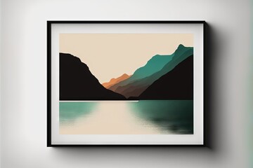  a picture of a mountain lake with a sunset in the background and a black frame hanging on a wall above it that is a picture of a mountain range of water and a lake with. Generative AI