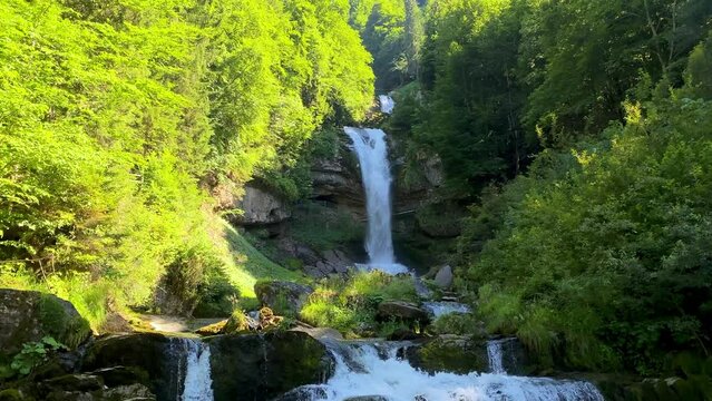 Waterfalls Giessbach in the Bernese Oberland, Switzerland. Giessbach waterfall flow to lake Brienz in Interlaken Switzerland. Giessbach Falls on Lake Brienz in the Bernese Oberland in Switzerland.