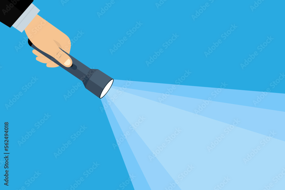Poster flashlight in a hand. hand hollding a flashlight. flashlight beam in the dark. business concept. vec