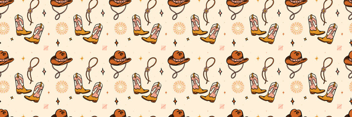 Cowboy Western Cowgirl Boots and Hat Boho Hand-Drawn Seamless Pattern Illustration Earthy Colors
