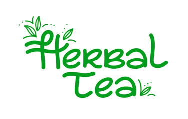 Fototapeta premium Herbal tea logo design, vector label for brand. Hand-drawn lettering. Template calligraphy decorated simple green leaves.