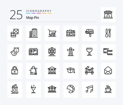 Map Pin 25 Line icon pack including dish. cutlery. trolley. shopping. box
