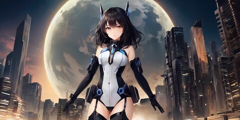 Fototapeta premium anime style art of a girl with long hair in a futuristic suit with headphones standing in front of a futuristic skyline