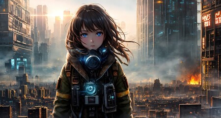 anime - inspired artwork of a woman in a gas mask standing in front a futuristic city - obrazy, fototapety, plakaty