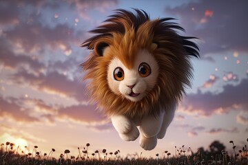a close up of a cute cartoon  lion cubby is running through the grass at sunrise or sunset