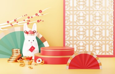 Happy Chinese new year 2023 with the year of Rabbit. Traditional Podium for showing product. Lunar new year red background decorate with Chinese texture, gold, coins, and zodiac sign. 3D render.