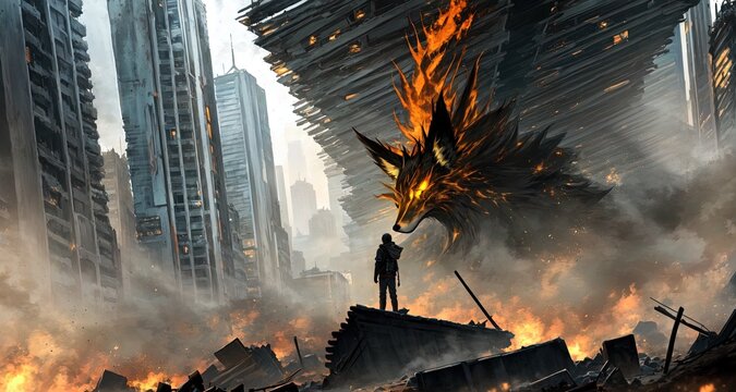 a man standing in front a a destroyed burning city by a fox like monstrous creature