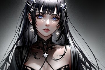 anime girl with black hair and blue eyes and a black dress - obrazy, fototapety, plakaty