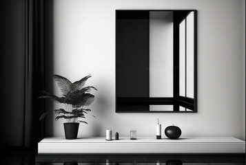  a mirror and a plant on a table in a room with a white wall and a black and white photo of a plant on a shelf and a mirror above it, and a black and white wall. Generative AI