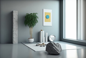  a room with a rock, vase, plant and other items on the floor next to a window with a yellow and blue painting on the wall behind it and a white floor with a. Generative AI
