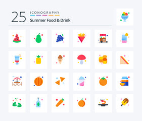 Fototapeta na wymiar Summer Food & Drink 25 Flat Color icon pack including food vendor. food. grapes. fries. chips