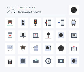 Devices 25 Flat Color icon pack including security. monitor. speaker. health. smartphone