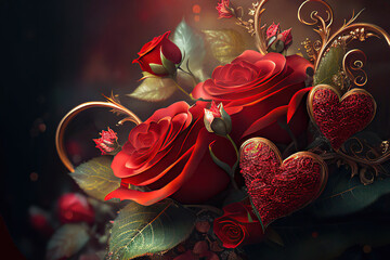 Wonderful red roses with hearts, love, valentine, Generative AI