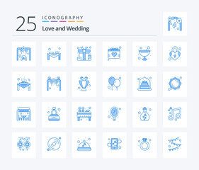 Wedding 25 Blue Color icon pack including drink. valentine. dinner table. love. surprise