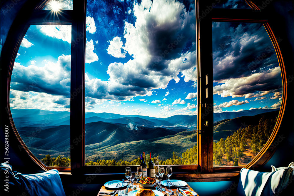 Poster a table with a glass window with a view of mountains and clouds - generative ai
