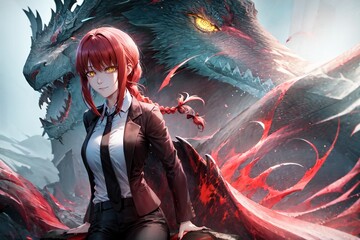 a woman in a black suit and a dragon