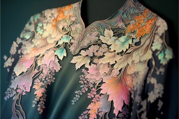  a colorful shirt with a floral design on it's chest and shoulders, with a green background and blue background with white and orange flower pattern on the chest and green background. Generative AI