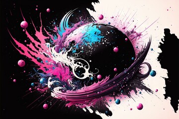 Fototapeta na wymiar a black and pink abstract background with a black ball and some pink and blue bubbles on it and a black background with a white and blue ball and pink design on the bottom of the. Generative AI
