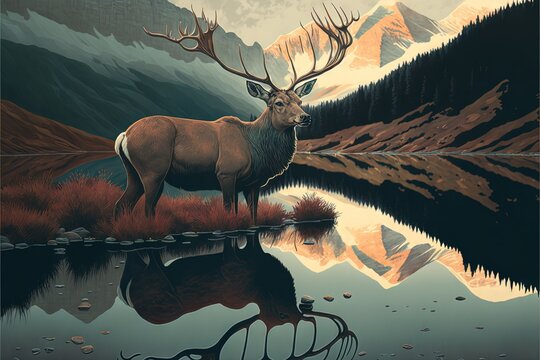  a painting of a deer standing in front of a lake with mountains in the background and a reflection of it in the water's surface, with a reflection in the water, and a. Generative AI