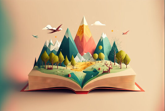  an open book with a landscape inside of it and birds flying around it, and trees and mountains in the background, on a beige background of a soft pink sky with a soft -. Generative AI