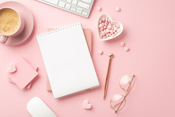 Valentine's Day concept. Top view photo of planners pen stylish glasses heart shaped saucer sprinkles sticky note paper keyboard cup of hot drinking on isolated pastel pink background with copyspace
