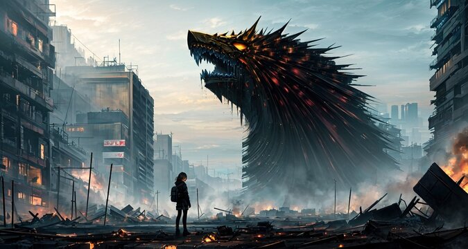 a woman in a city with a giant monster on her back