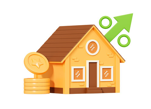 3D Real estate and coin stack. Home mortgage. Money for new house. Property investment. Interest-bearing loan. Percent arrow. Cartoon creative design icon isolated on white background. 3D Rendering