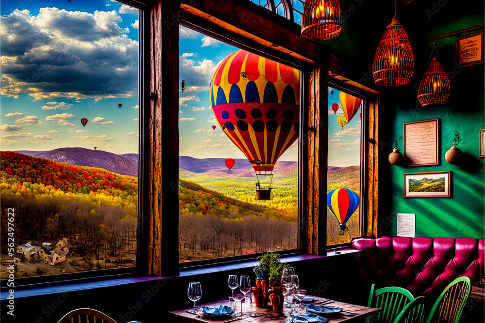 Poster a room with a table and chairs and a window with a view of mountains and a sunset - generative ai
